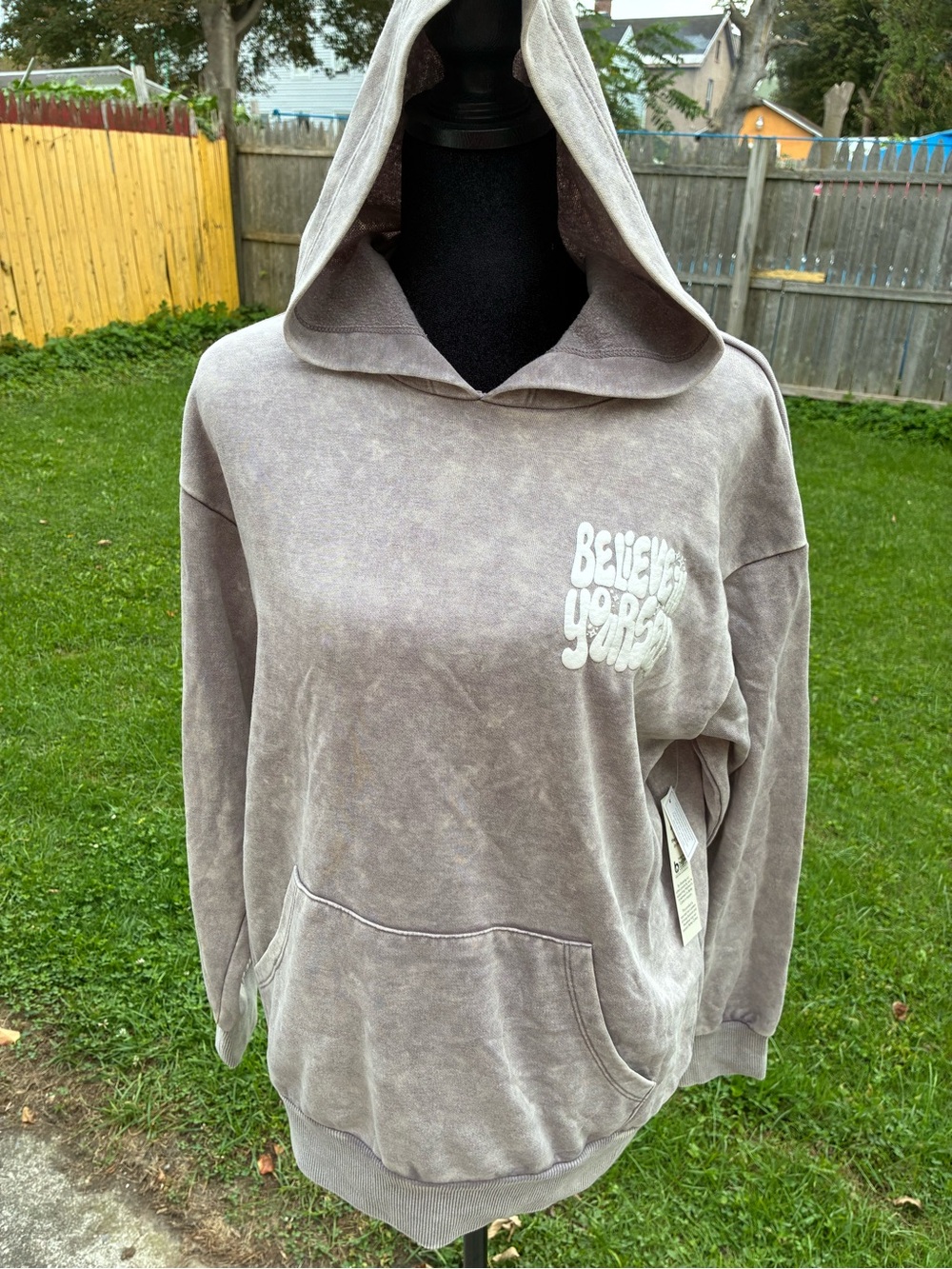 No Boundaries Washed Gray Hooded Sweatshirt with 'Believe Yourself' #S/M
